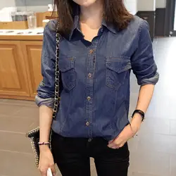 Повседневная Женская джинсовая куртка женская блузка с отложным воротником Женская рубашка с длинным рукавом модные джинсовые топы