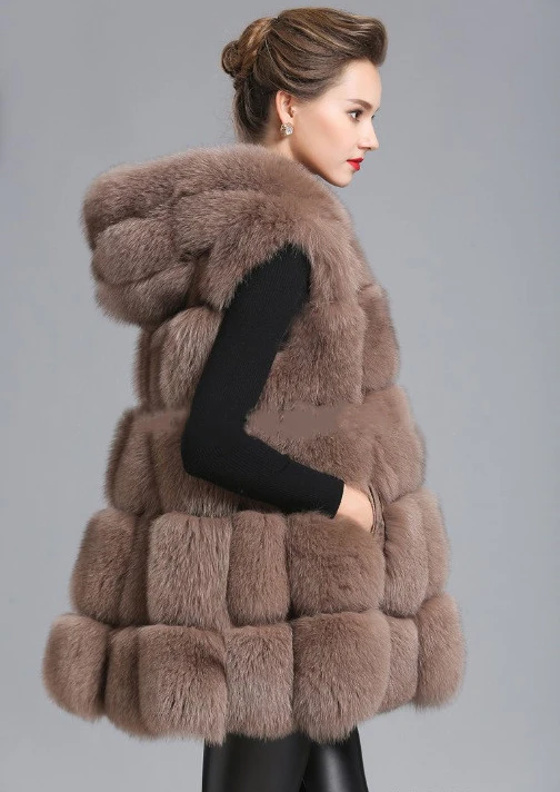 Faux Fur Coat Women Casual Hoodies Warm Slim Pocket Long Sleeve Faux Fox Fur Winter Coat Women casaco feminino Plus Size - Цвет: Khaki Sleeveless