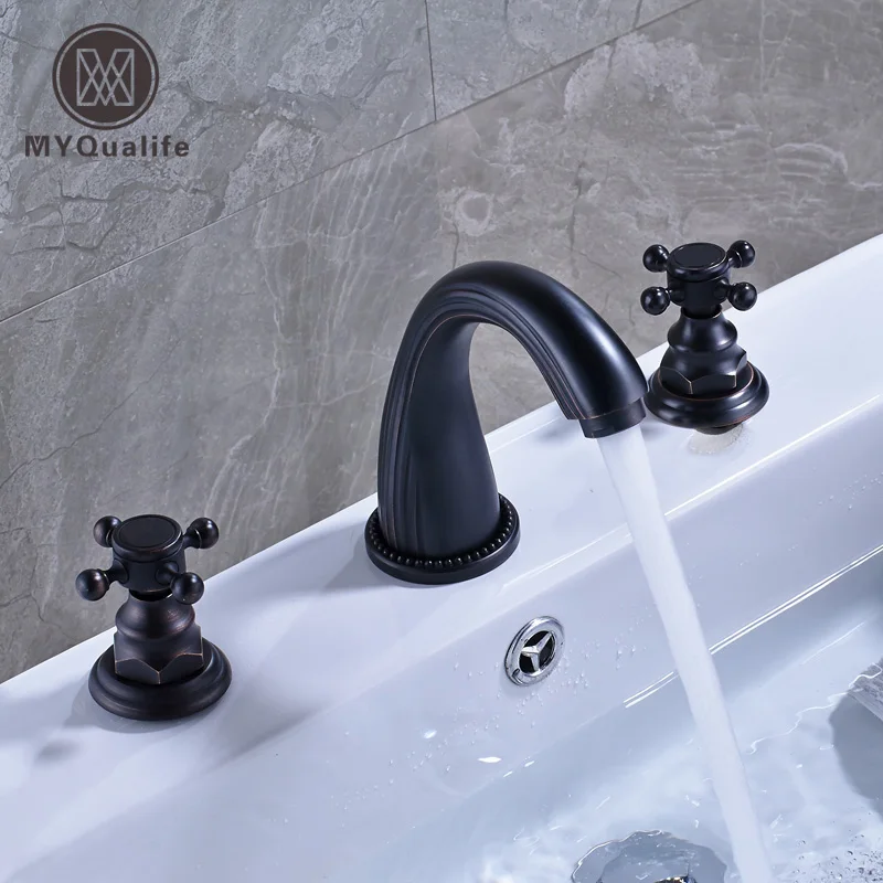 

Oil Rubbed Blacken Widespread 8 Inch Deck Mounted Basin Mixer Taps Dual Cross Knob Bathroom Lavatory Sink Faucet