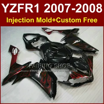 

New red flame in black fairing set for YAMAHA YZFR1 2007 2008 fairings kits R1 YZF R1 bodyworks YZF1000 YZF 1000 07 08 +7Gifts