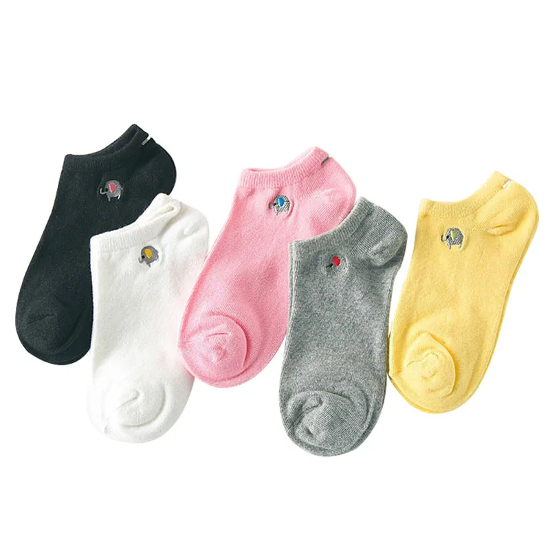 5 пар, женские стильные носки до щиколотки для колледжа, черные однотонные милые носки для девочек с вышивкой слона, осенние дышащие хлопковые носки Meias