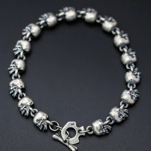 Твердые 925 пробы серебряные женские классические с черепом в стиле панк-рок винтажные байкерские ювелирные изделия ручной работы коллекция браслет 23 см A1660