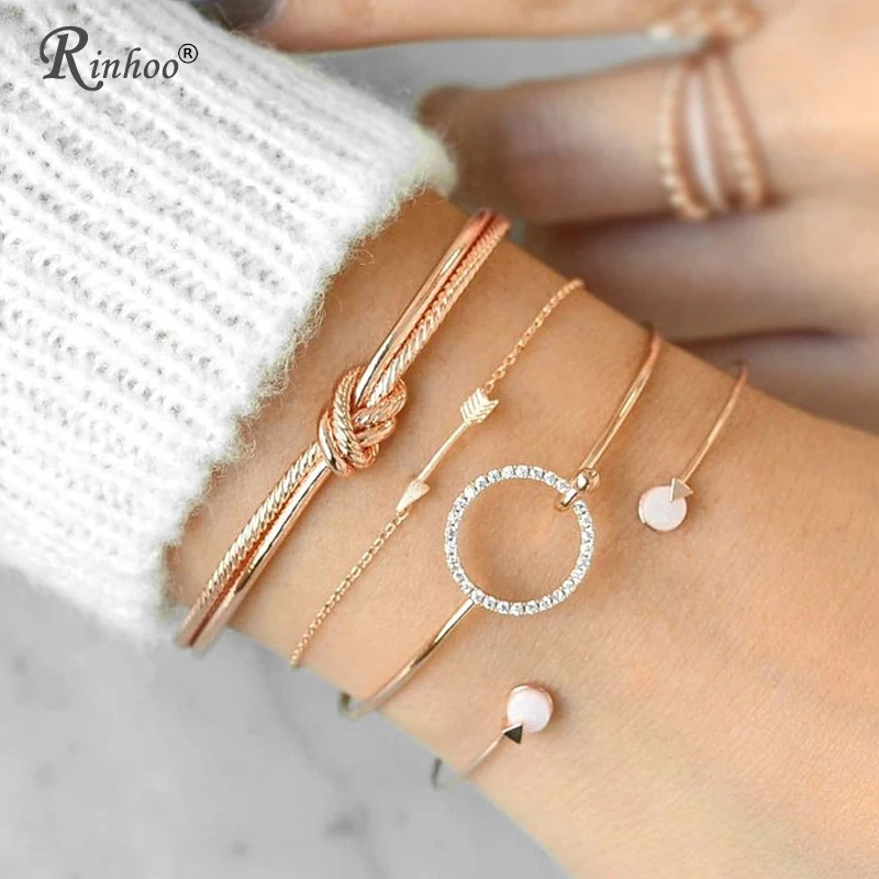

RINHOO 4 Pcs/ Set Classic Arrow Knot Round Crystal Gem Multilayer Adjustable Open Bracelet Set Women Fashion Party Jewelry Gift