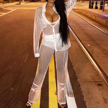 

Polka Dot White Two Pieces Set Turn Down Collar Button Up Blouse Shirts + Long Pants Suits See Through Mesh Party Matching Set