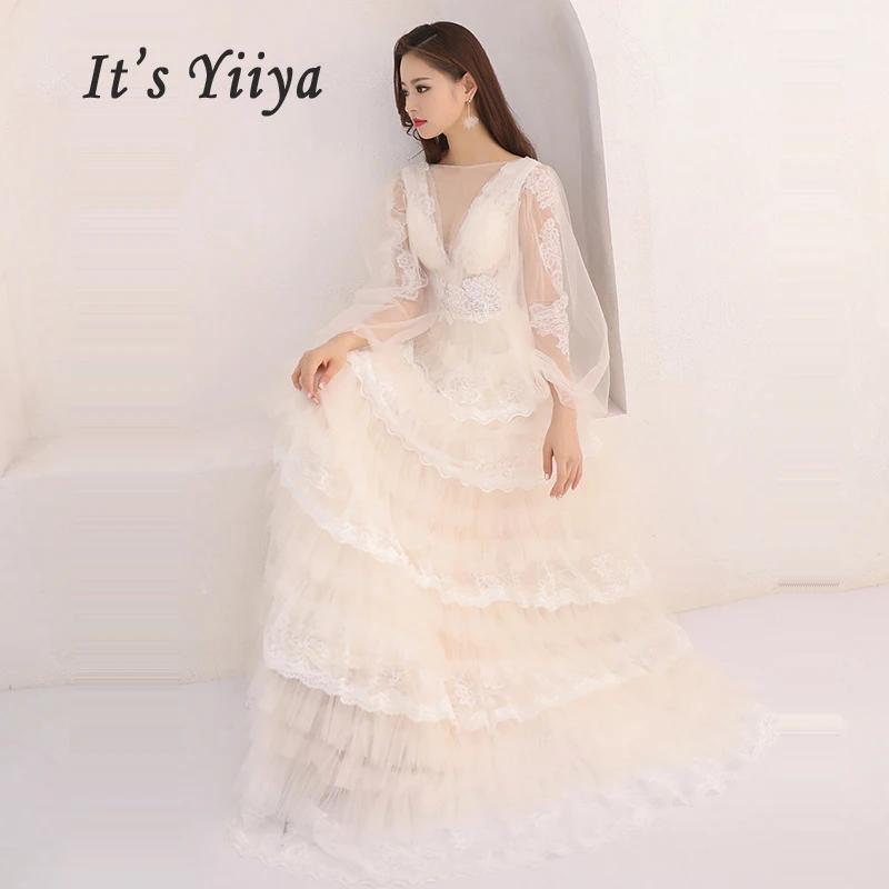 Это Yiya свадебное платье с длинными рукавами многоуровневые Свадебные платья плюс размер Кружева Vestido De Novia Платье с v-образным вырезом De Mariee E701