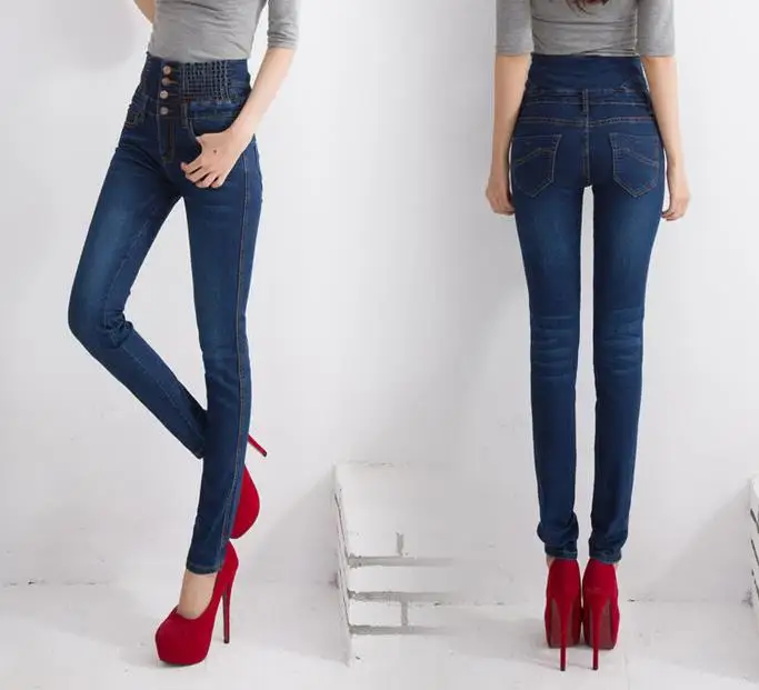Эластичные длинные джинсовые брюки с высокой талией, женские свободные джинсы с пуговицами размера плюс 8xl - Цвет: Синий