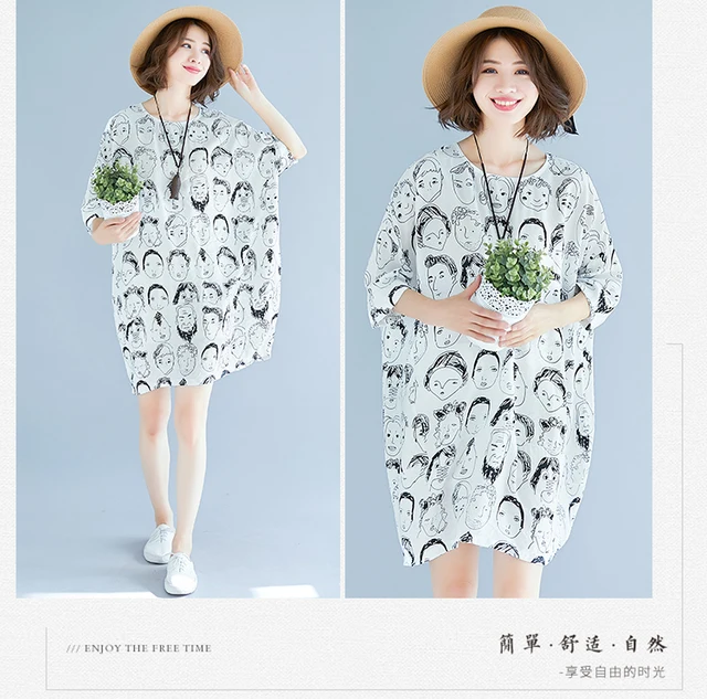 Cute Print Batwing Sleeve Cotton & Linen Plus Size Dress Summer Large size O-Neck Lagenlook New Loose Jumper Tunics Dress 2