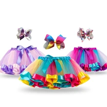 Бант зажим для волос Принцесса Радуга Тюлевая юбка одежда для маленьких девочек Детская Праздничная юбка-пачка для девочек Детская бальная юбка-американка