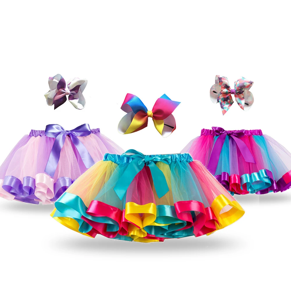 

New Bow Hair Clip Princess Rainbow Tulle Skirt Baby Girls Clothes Kids Party Tutu For Girls Skirts Children Ball Gown Pettiskirt
