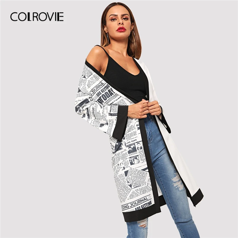 

COLROVIE Beige Letter Print Panel Open Front Casual Outerwear Women 2019 Spring Streetwear Long Sleeve Elegant Knee Length Coats