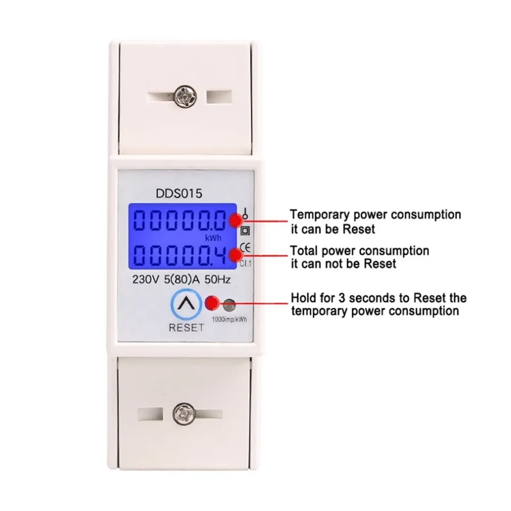 230V Din Rail Single Phase Wattmeter Power Consumption Watt Electronic Energy Meter AC with Reset Function DDS015