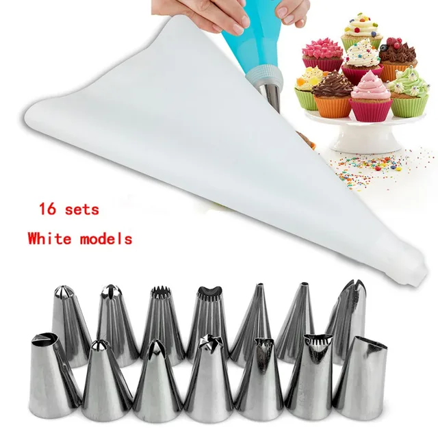 Silicone Pastry Bag Nozzles DIY Icing Piping Cream Reusable Pastry Bags +16 Nozzle Set Cake