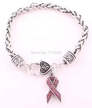 

Lobster Claw 30pcs antique silver Wheat Link Bracelet Chain with Pink Crystal Awareness Ribbon Pendant Bracelet
