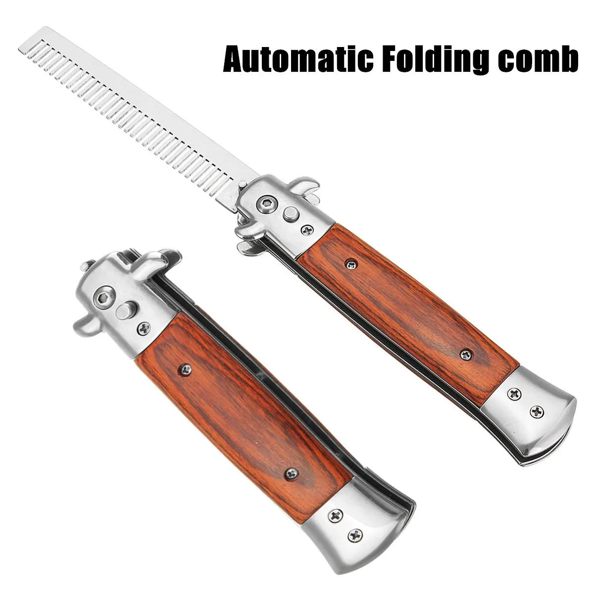 

Automatic Push Button Folding Comb Butterfly Stainless Steel Hair Care&Styling Product Trimmer Spring Jump Brush Wood Salon Tool