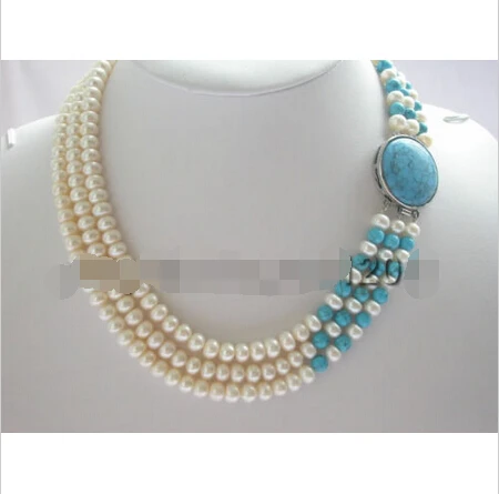 

Beautiful!3rows Natural White Pearl&Turquoise Necklace! ^^^@^Noble style Natural Fine jewe FREE SHIPPING