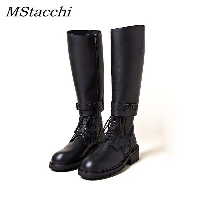 Mcacchi/Новинка; сапоги до колена на шнуровке с пряжкой; женская кожаная зимняя обувь на низком квадратном каблуке и плоской подошве; два способа носки; рыцарские сапоги в байкерском стиле