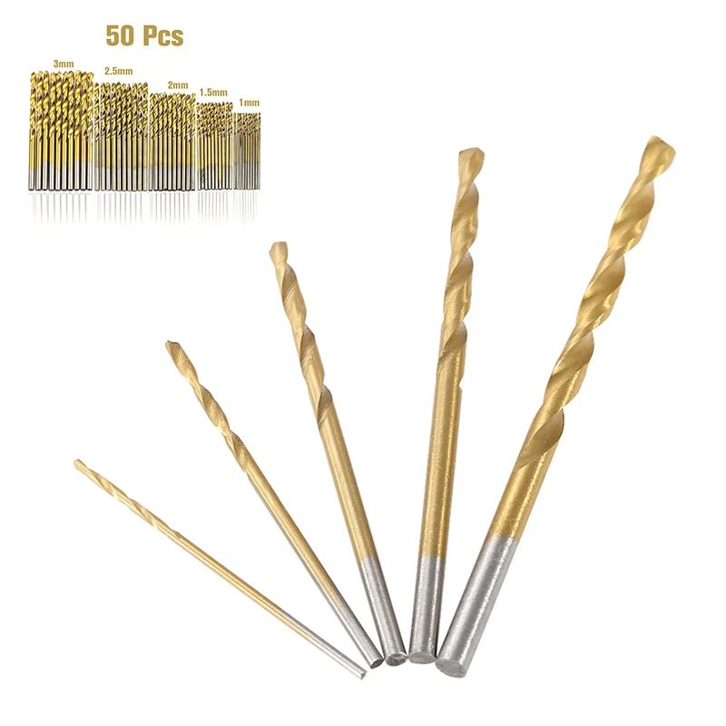 50pcs/Set Titanium Coated Drill Bits Set HSS High Speed Steel Power Twist Drill Bit Woodworking Too