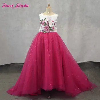 

Vintage Little Princess Flower Girl Dresses Long Train Party Gown Flowers Pattern Tops Communion Dress