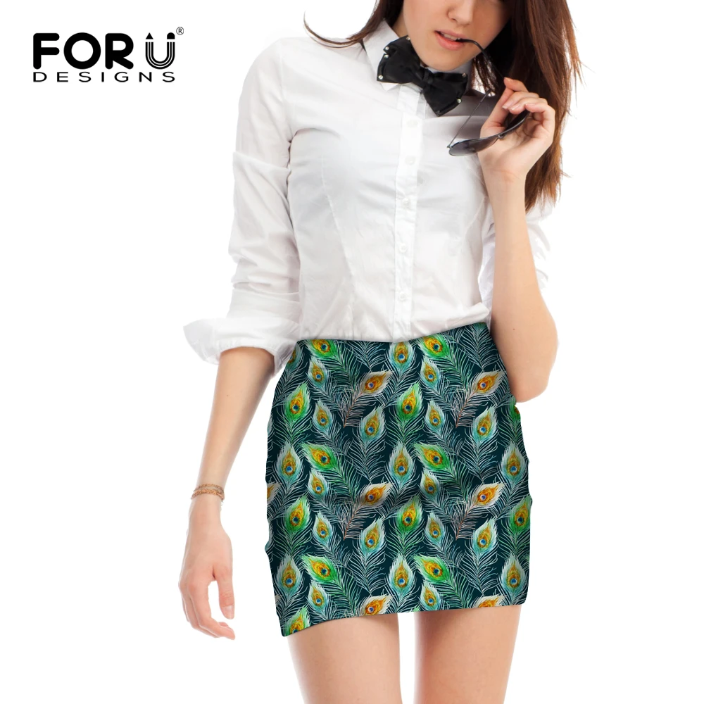 Forudesigns موضة التنانير النسائية لربيع وصيف مثير bodycon ضيق مثير البسيطة تنورة عارضة الطاووس ريشة الطباعة لوليتا تنورة