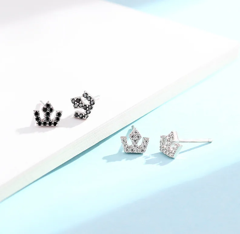 925 пробы серебряные серьги-гвоздики с короной для женщин и девочек, черные белые циркониевые корейские милые минималистичные универсальные элегантные ювелирные изделия