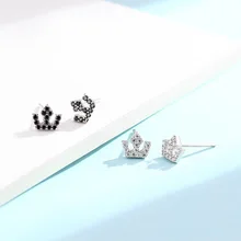 925 пробы серебряные серьги-гвоздики с короной для женщин и девочек, черные белые циркониевые корейские милые минималистичные универсальные элегантные ювелирные изделия