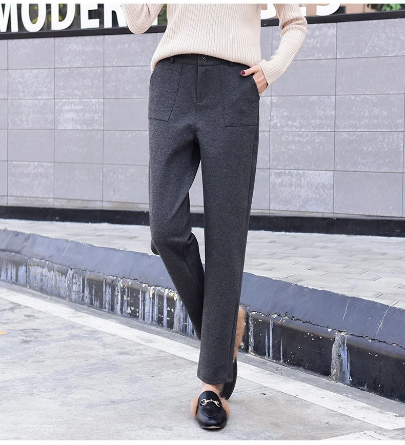 Jielur Осень Зима Досуг теплые шерстяные брюки женские корейская мода сплошной цвет серый черный шаровары Повседневные Карманы капри 2XL