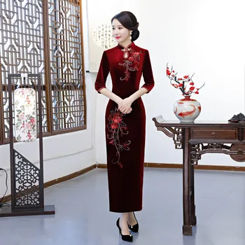 

Classic Red Sequins Cheongsam Winter New Women Flower Qipao Chinese Bride Wedding Dress Elegant Warm Stage Show Gown Vestidos