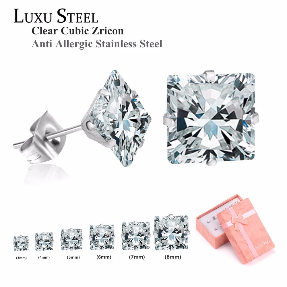 Люксу стали квадратной формы CZ нержавеющей стали серьги гвоздики 3-8 мм 6 пар/кор. серьги наборы для женщин/девушек модные ювелирные изделия