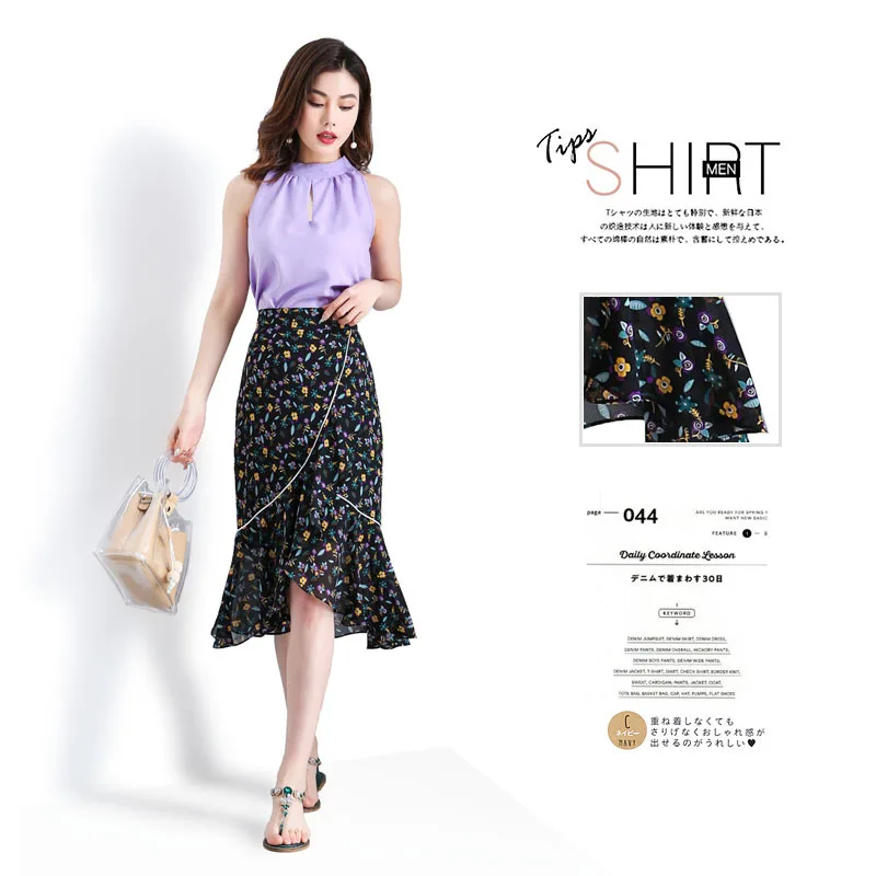 

Hight waist skirts Womens Trumpet skirts 2019 Summer Chiffon prints Splicing Floral Irregular mermaid skirt Ladies Skinny skirts