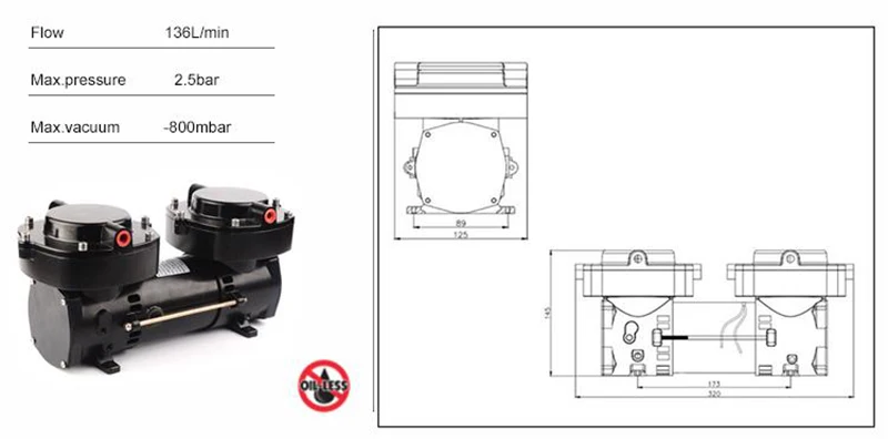 GZ70B-12 DC12v/24 v безмасляный электрический мембранный вакуумная помпа для увеличения пениса, 136LPM потока 160w Двухцилиндровый компрессор насос