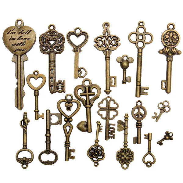 19Pcs Antique Vintage Old Look Skeleton Key Set Lot Pendant Heart Bow Lock