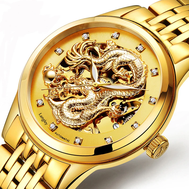 

Skeleton Automatic Luxury Mechanical Watch Men Business Dragon Genuine Leather Strap Waterproof Relojes hombre Wristwatch
