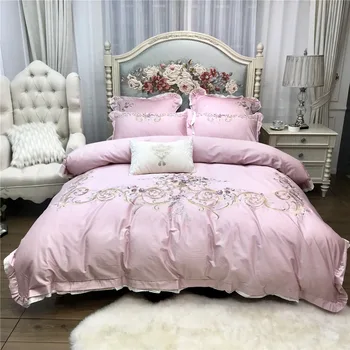 

Luxury 100S Egyptian Cotton Embroidered Bedding set Queen King Princess Duvet cover Bed sheet set Pillowcase 4/6pcs Pink Golden