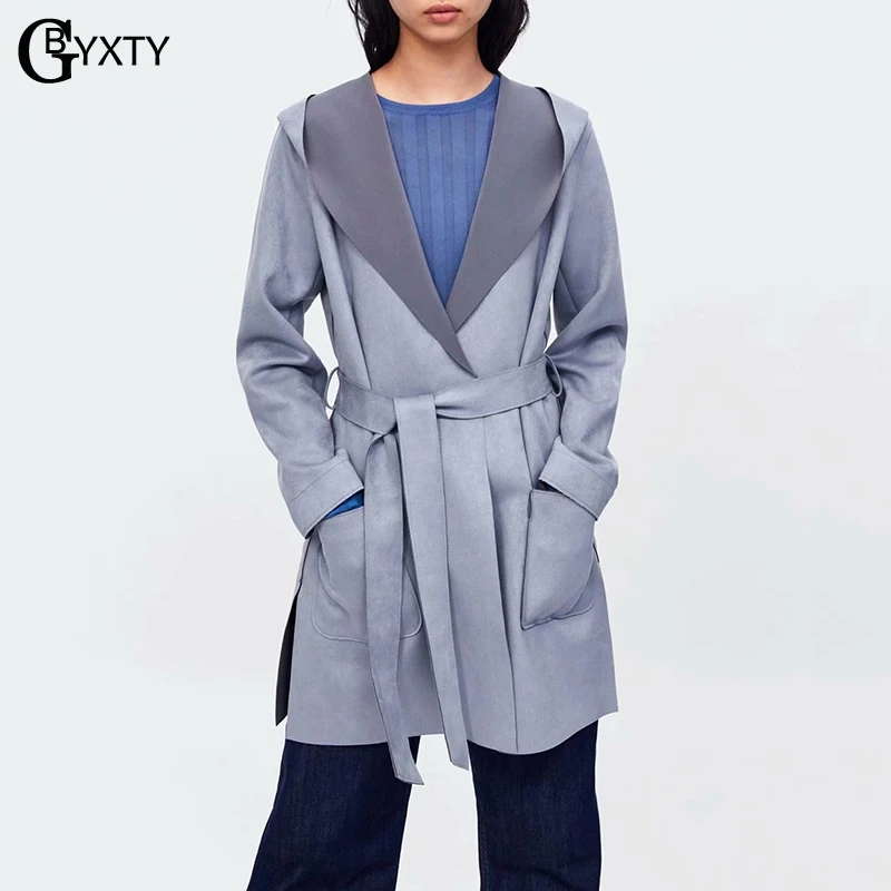 

GBYXTY Long Trench Coat for Women Hooded Sash Suede Leather Trench Coat Pocket Spring Outwear Overcoat Female Windbreaker ZA1305
