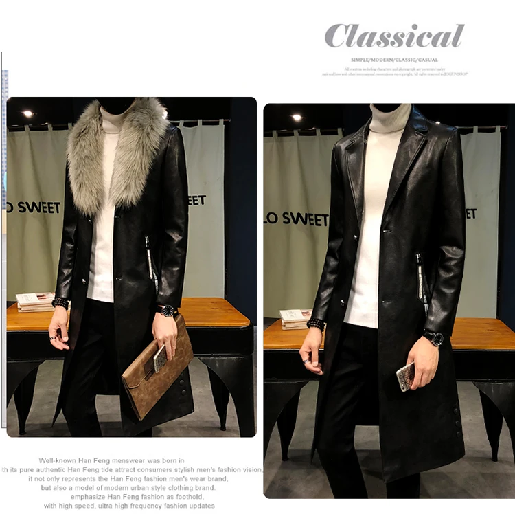 Мужские пальто Роскошные Veste Homme золотые длинные облегающие пальто Chaqueta Cuero Hombre большой меховой воротник искусственная кожа для мужчик тренчи