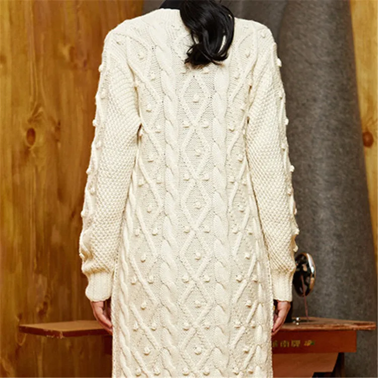  100%hand made wool Oneck knit women fashion solid loose long single breasted cardigan sweater one&o