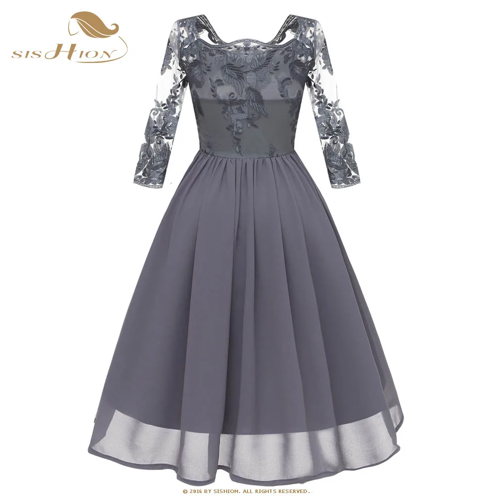 SISHION, элегантное шифоновое платье CD1663,, женское, весеннее, с рукавом 3/4, с вышивкой, кружевное, винтажное, вечерние, темно-синее, винно-красное, серое платье
