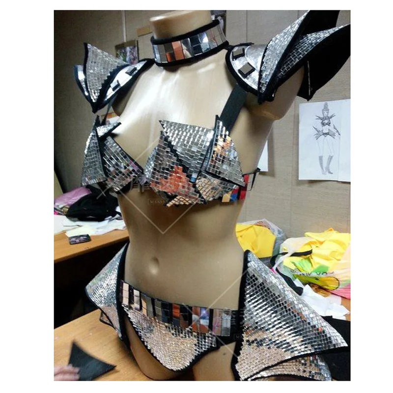 Women Space show future technology female warrior armor costume sexy mirror bikini dress stage dance wear halloween cosplay