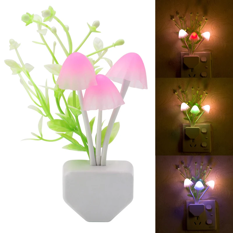 

220V Sensor Night Light Mushroom LED Lamp Romantic Colorful Home Decor US Plug