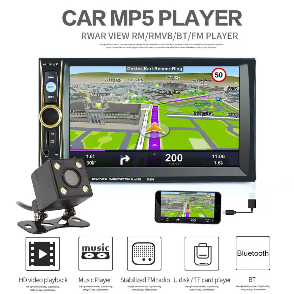 

6.6 Inch 2 Din Car Stereo MP5 Multimedia Video Player Phone / Tablet Connected GPS Bluetooth FM DVR in Steering Wheel Control