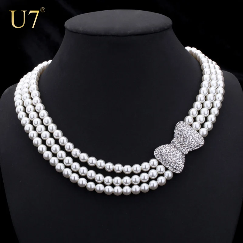 U7 Синтетический Жемчуг Ожерелье Для Женщин Ювелирные Изделия Стразы Многослойные Имитация Перл Колье N345