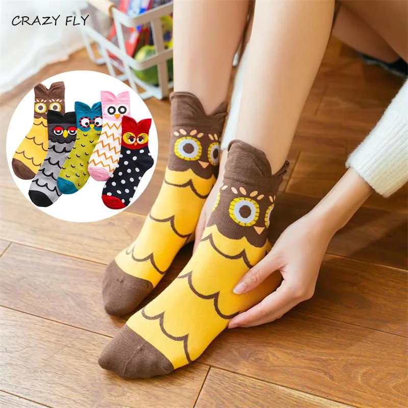 

CRAZY FLY 2019 Hot Spring And Summer Cartoon Owl Cotton Who Socks Cute Casual Wild Funny Socks For Girls Polka Dot Happy Socks