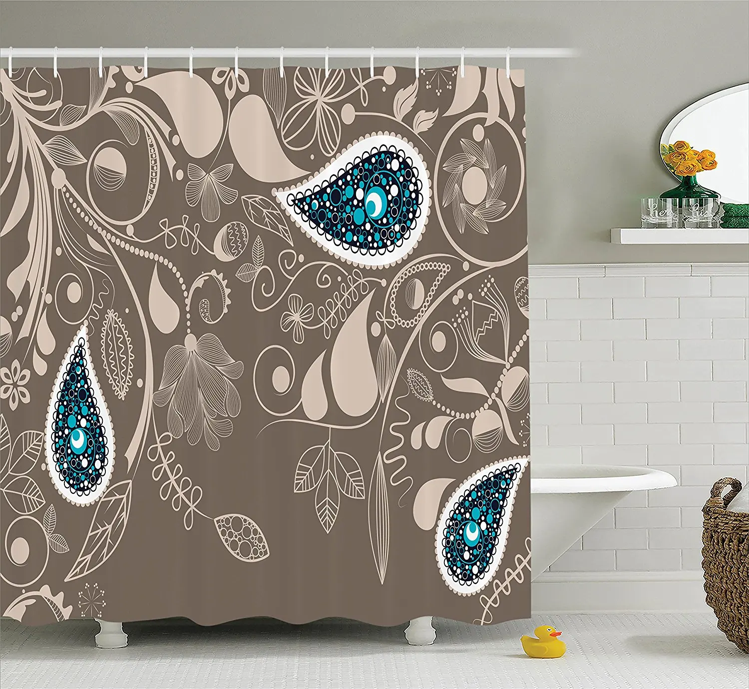 Paisley Shower Curtain Set Oriental Paisley Motifs with Swirled Branch