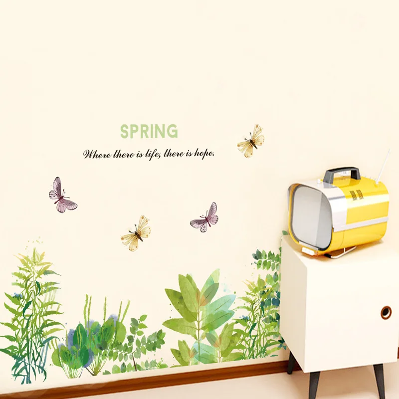 

Green Plants Grass Butterfly Wall Sticker Spring Quote Wall Mural Poster Wall Border Skirting Line Self-adhesive Wallpaper Decal