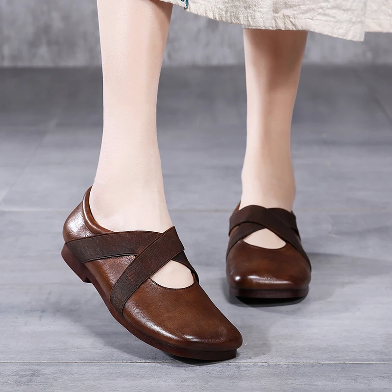 

2019 Handmade Vintage Women Flats Genuine Leather Square Toes Elastic Slip On Driving Shoes Women Flat Shoes