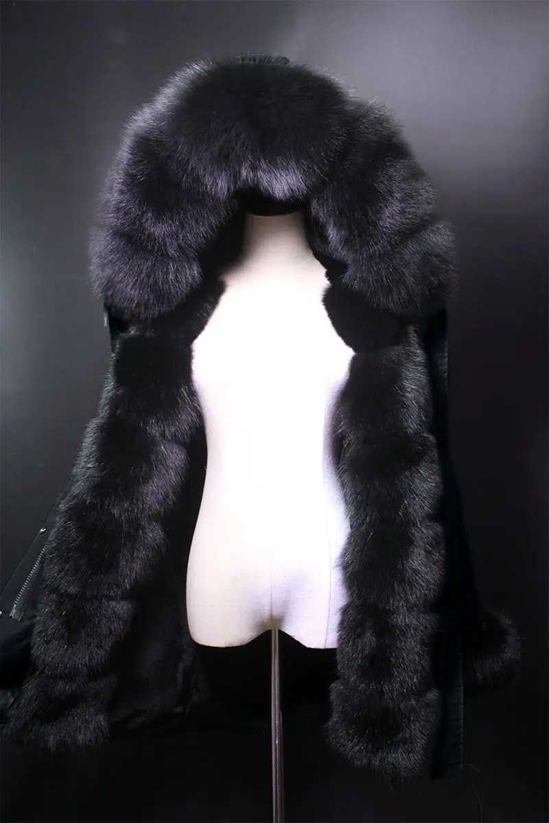 QIUCHEN PJ6004 парка с натуральным мехом лисы капюшон и планка Длинная модель женская черная куртка с подкладкой из меха кролика рекс - Цвет: black