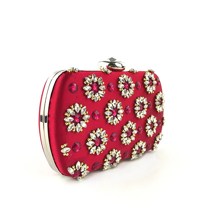 Luxy Moon Rhinestone Floral Red Satin Evening Bag Side View