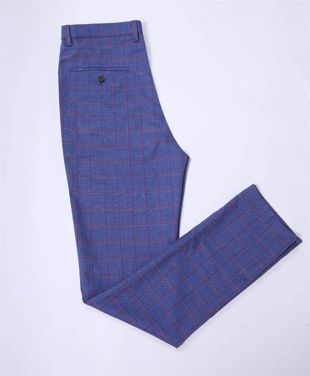 Пользовательские синий плед мужские Костюмы Slim Fit Британский Стиль Свадебные Смокинги для женихов для жениха Пром Повседневные комплекты одежды(куртка+ Брюки для девочек+ жилет
