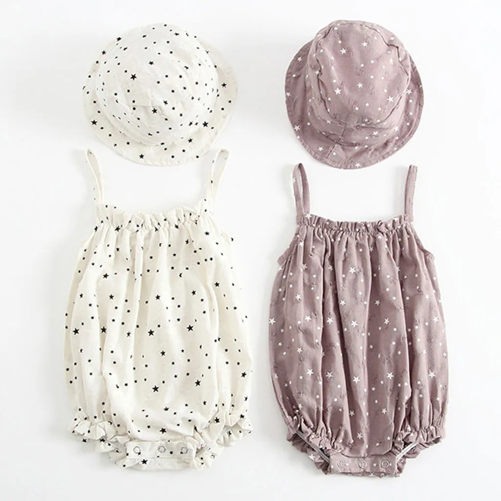 

2019 New Born Baby Clothes Toddler Infants Baby Girls Stars Print Strap Romper Jumpsuit Hat Casual Sunsuit Modis Summer Clothes