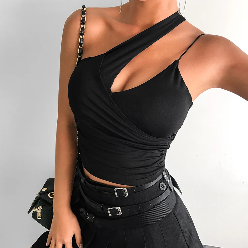 Sweetown, готический топ на одно плечо, черная, с вырезами, нестандартная летняя рубашка для женщин, с открытой спиной, сексуальный Бралетт, уличная одежда кроп-топ